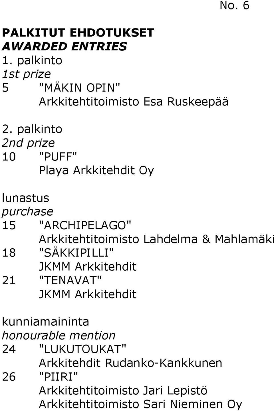 6 15 "ARCHIPELAGO" Arkkitehtitoimisto Lahdelma & Mahlamäki 18 "SÄKKIPILLI" JKMM