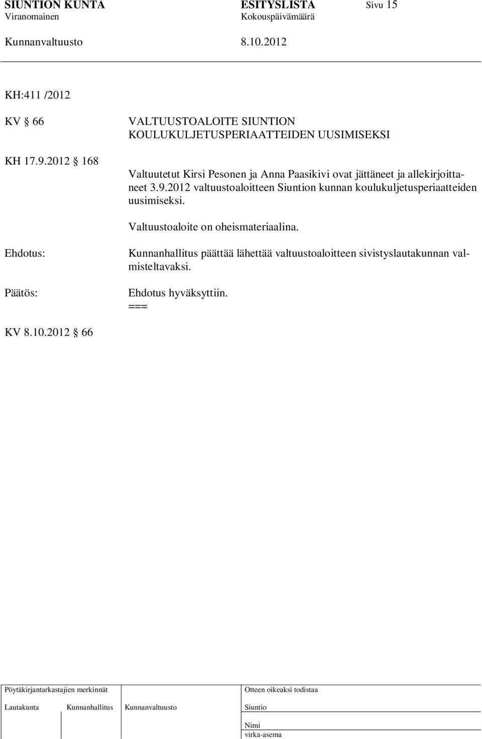 Paasikivi ovat jättäneet ja allekirjoittaneet 3.9.