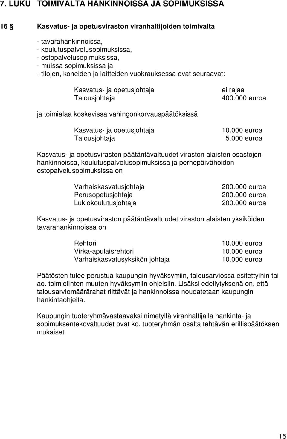 000 euroa ja toimialaa koskevissa vahingonkorvauspäätöksissä Kasvatus- ja opetusjohtaja 10.000 euroa Talousjohtaja 5.