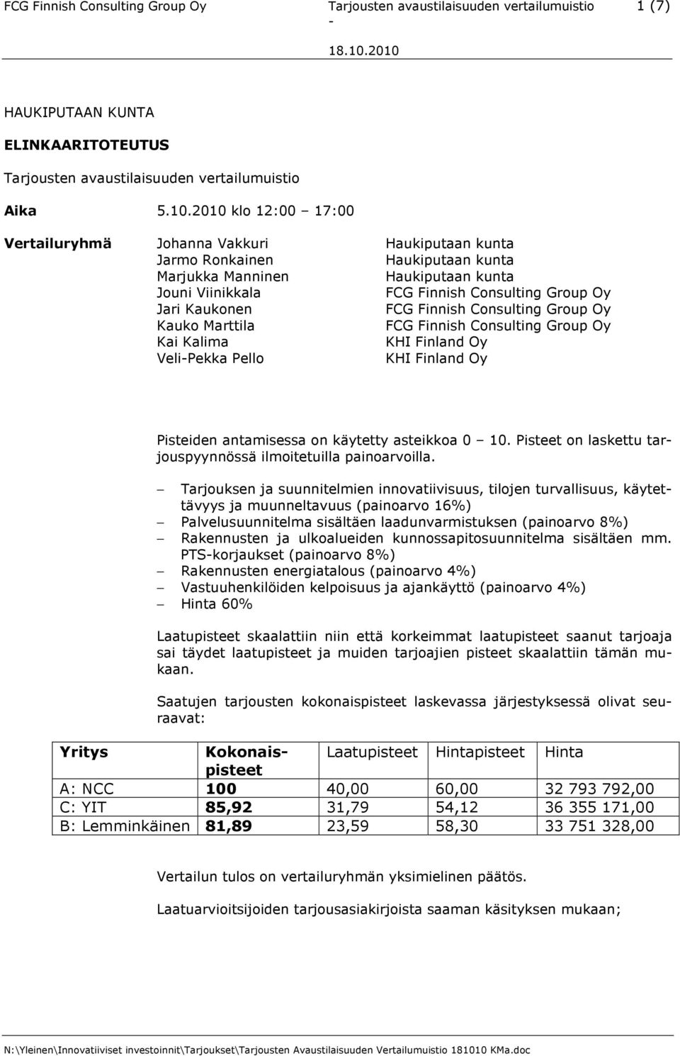Finland Oy VeliPekka Pello KHI Finland Oy Pisteiden antamisessa on käytetty asteikkoa 0 10. Pisteet on laskettu tarjouspyynnössä ilmoitetuilla painoarvoilla.