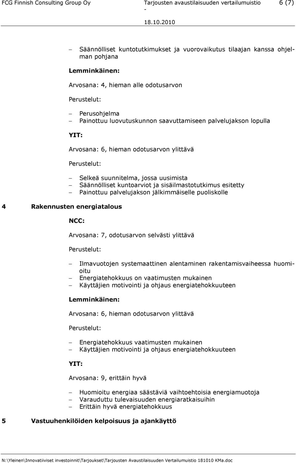 Rakennusten energiatalous Arvosana: 7, odotusarvon selvästi ylittävä Ilmavuotojen systemaattinen alentaminen rakentamisvaiheessa huomioitu Energiatehokkuus on vaatimusten mukainen Käyttäjien