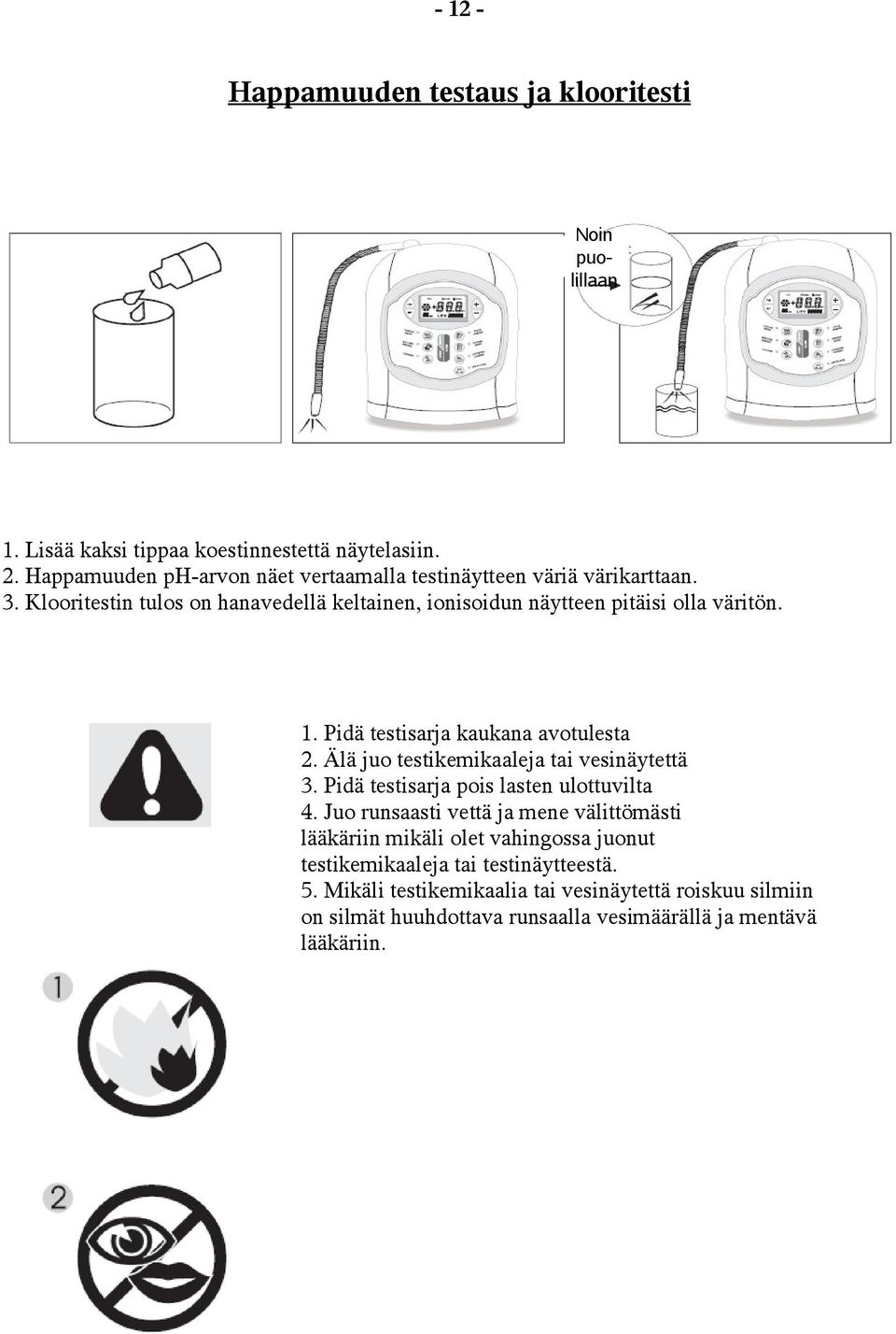 1. Pidä testisarja kaukana avotulesta 2. Älä juo testikemikaaleja tai vesinäytettä 3. Pidä testisarja pois lasten ulottuvilta 4.