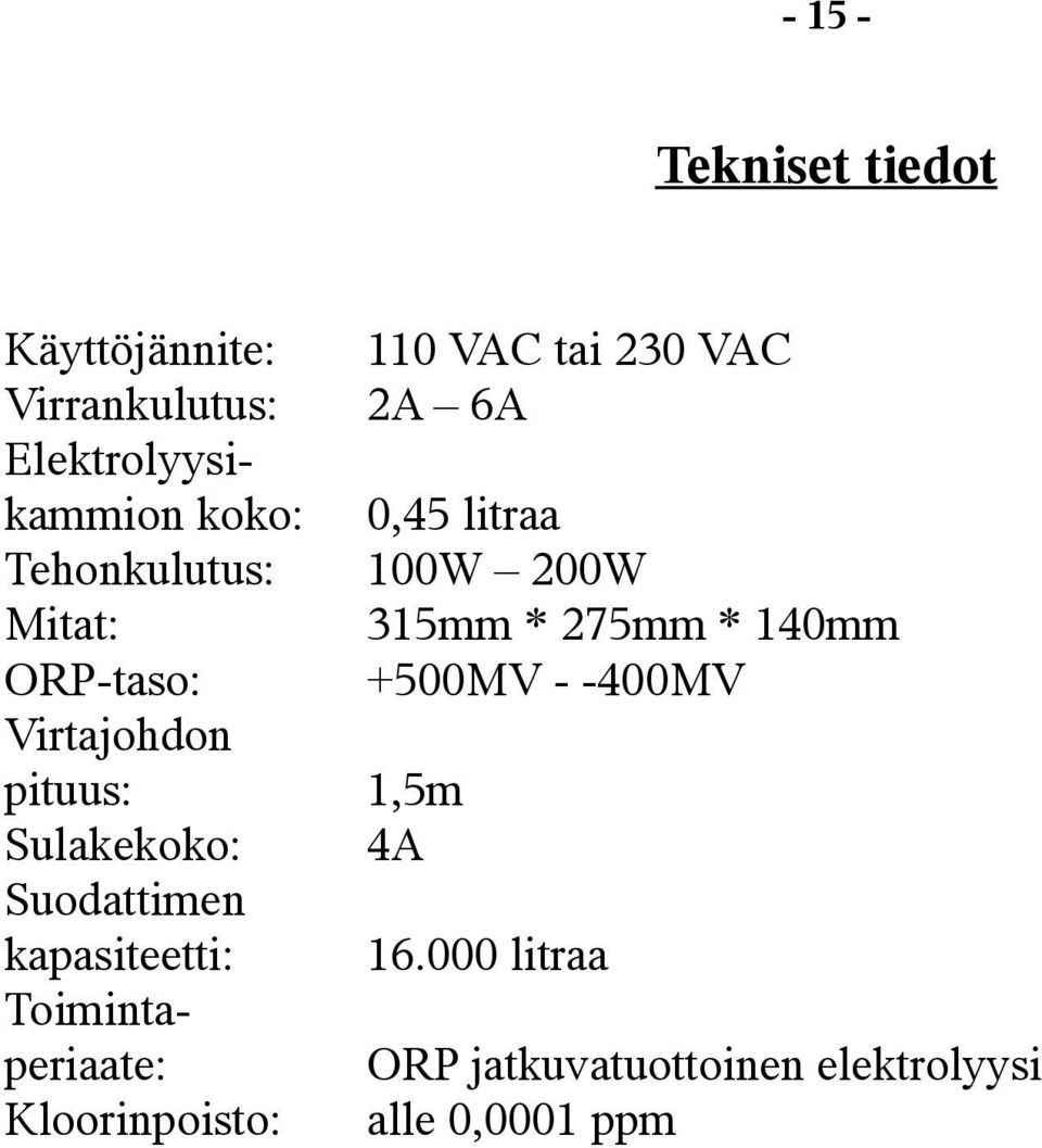 140mm ORP-taso: +500MV - -400MV Virtajohdon pituus: 1,5m Sulakekoko: 4A Suodattimen