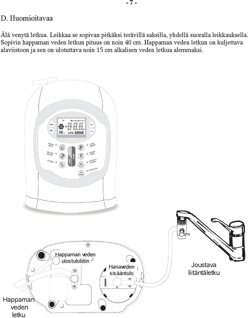 Sopivin happaman veden letkun pituus on noin 40 cm.