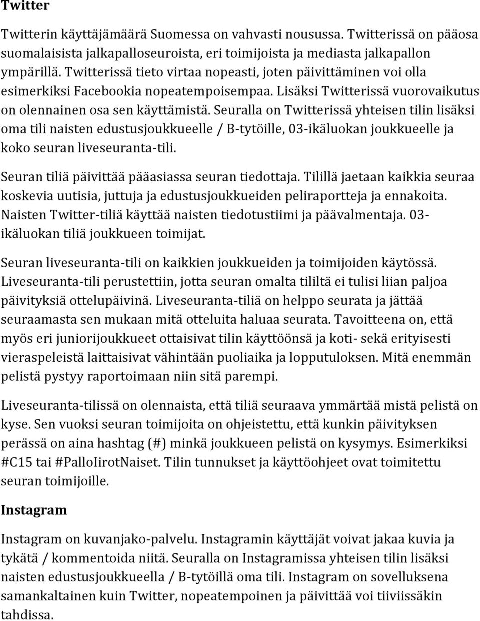 Seuralla on Twitterissä yhteisen tilin lisäksi oma tili naisten edustusjoukkueelle / B-tytöille, 03-ikäluokan joukkueelle ja koko seuran liveseuranta-tili.