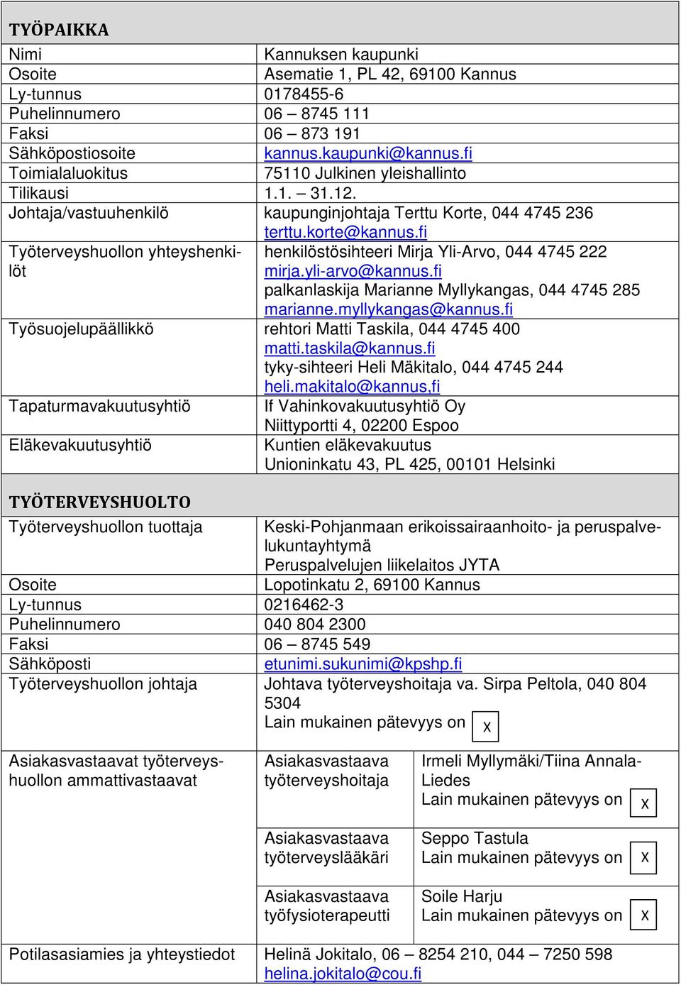 fi Työterveyshuollon yhteyshenkilöt henkilöstösihteeri Mirja Yli-Arvo, 044 4745 222 mirja.yli-arvo@kannus.fi palkanlaskija Marianne Myllykangas, 044 4745 285 marianne.myllykangas@kannus.