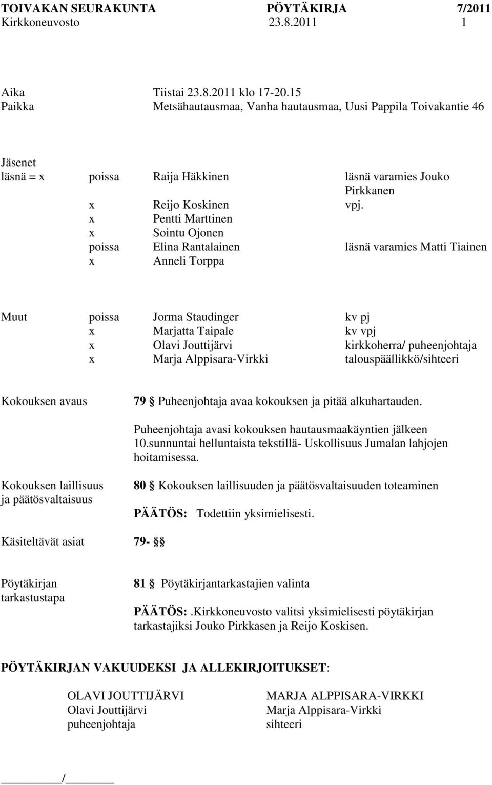 x Pentti Marttinen x Sointu Ojonen poissa Elina Rantalainen läsnä varamies Matti Tiainen x Anneli Torppa Muut poissa Jorma Staudinger kv pj x Marjatta Taipale kv vpj x Olavi Jouttijärvi kirkkoherra/