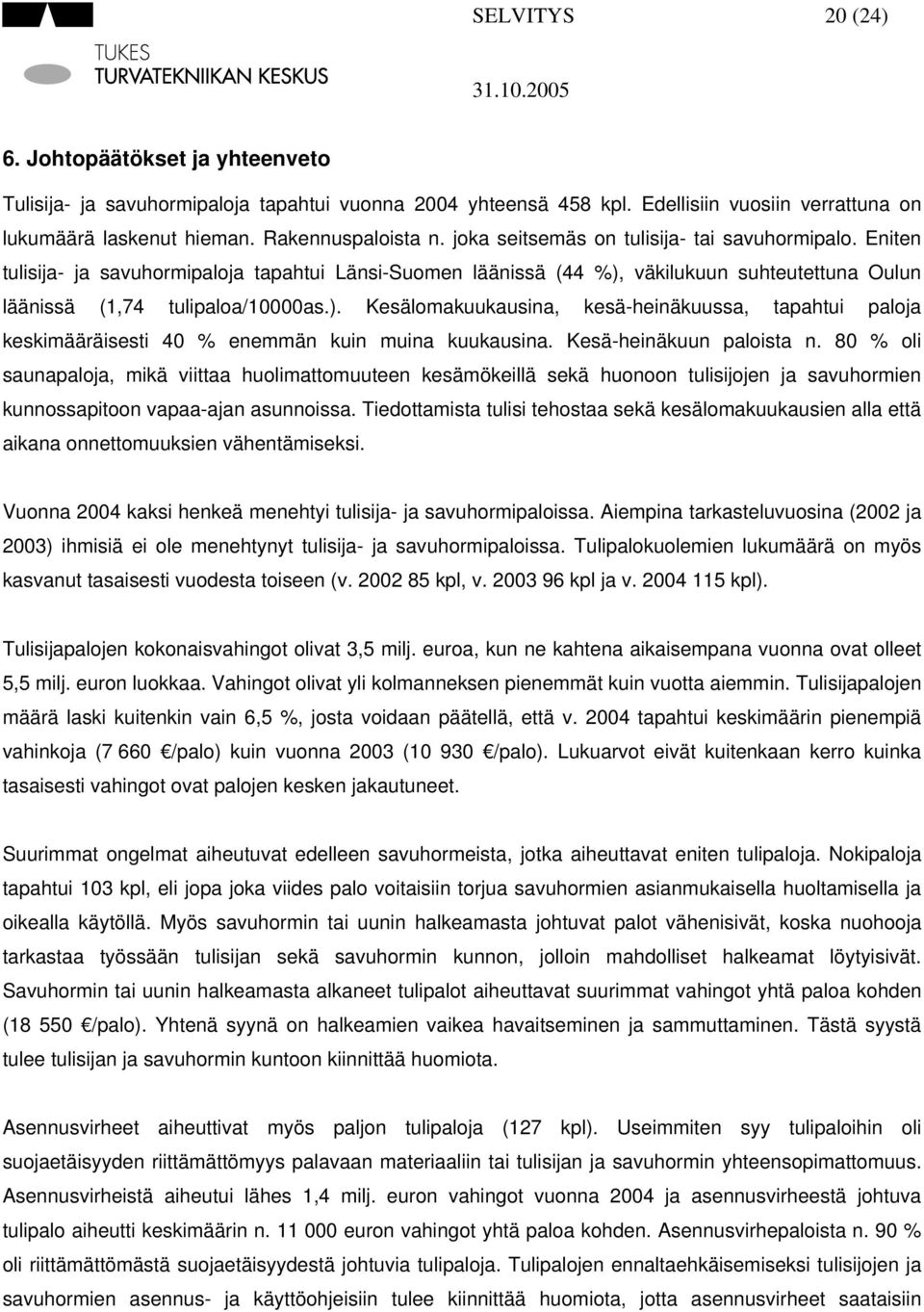 väkilukuun suhteutettuna Oulun läänissä (1,74 tulipaloa/10000as.). Kesälomakuukausina, kesä-heinäkuussa, tapahtui paloja keskimääräisesti 40 % enemmän kuin muina kuukausina. Kesä-heinäkuun paloista n.