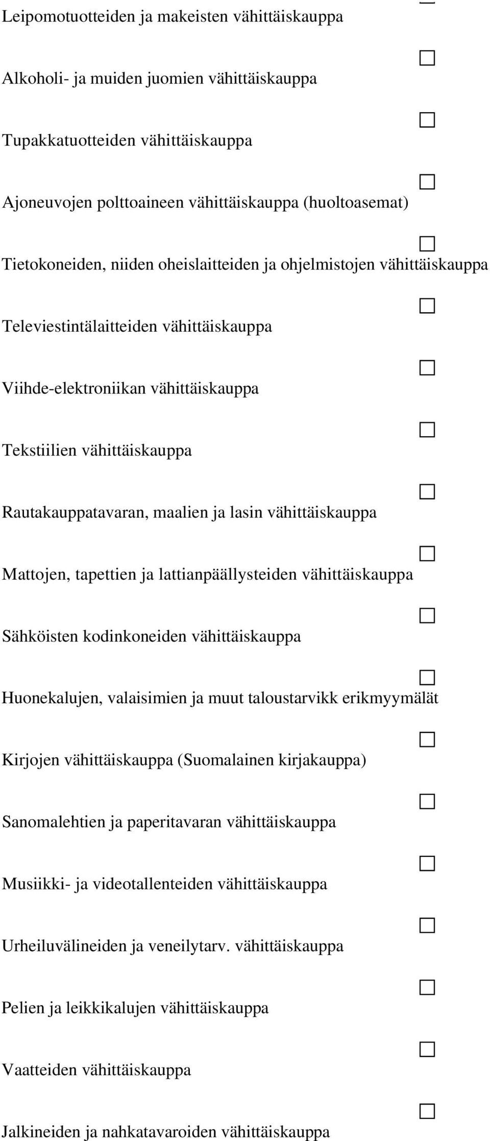 vähittäiskauppa Mattojen, tapettien ja lattianpäällysteiden vähittäiskauppa Sähköisten kodinkoneiden vähittäiskauppa Huonekalujen, valaisimien ja muut taloustarvikk erikmyymälät Kirjojen