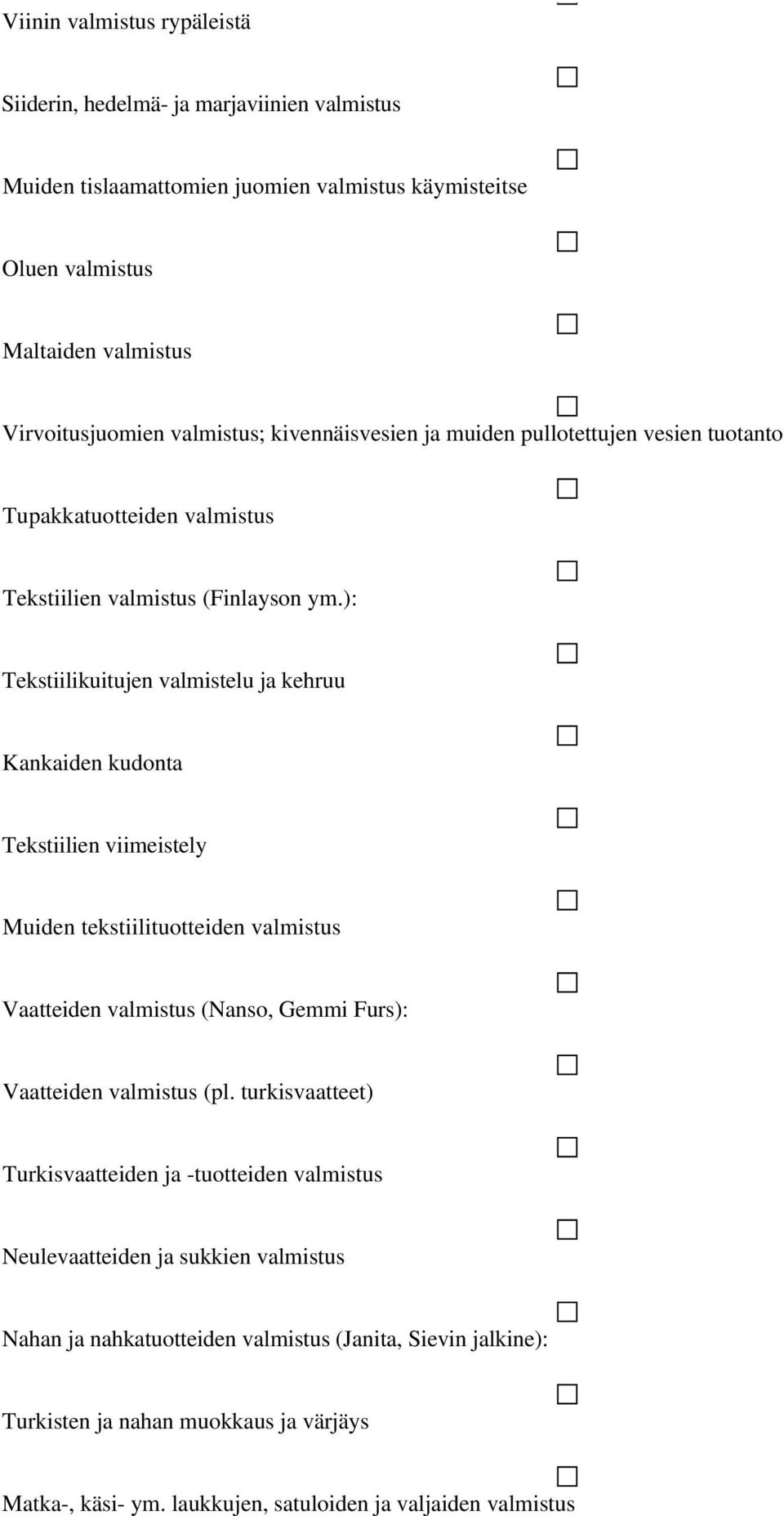 ): Tekstiilikuitujen valmistelu ja kehruu Kankaiden kudonta Tekstiilien viimeistely Muiden tekstiilituotteiden valmistus Vaatteiden valmistus (Nanso, Gemmi Furs): Vaatteiden valmistus (pl.