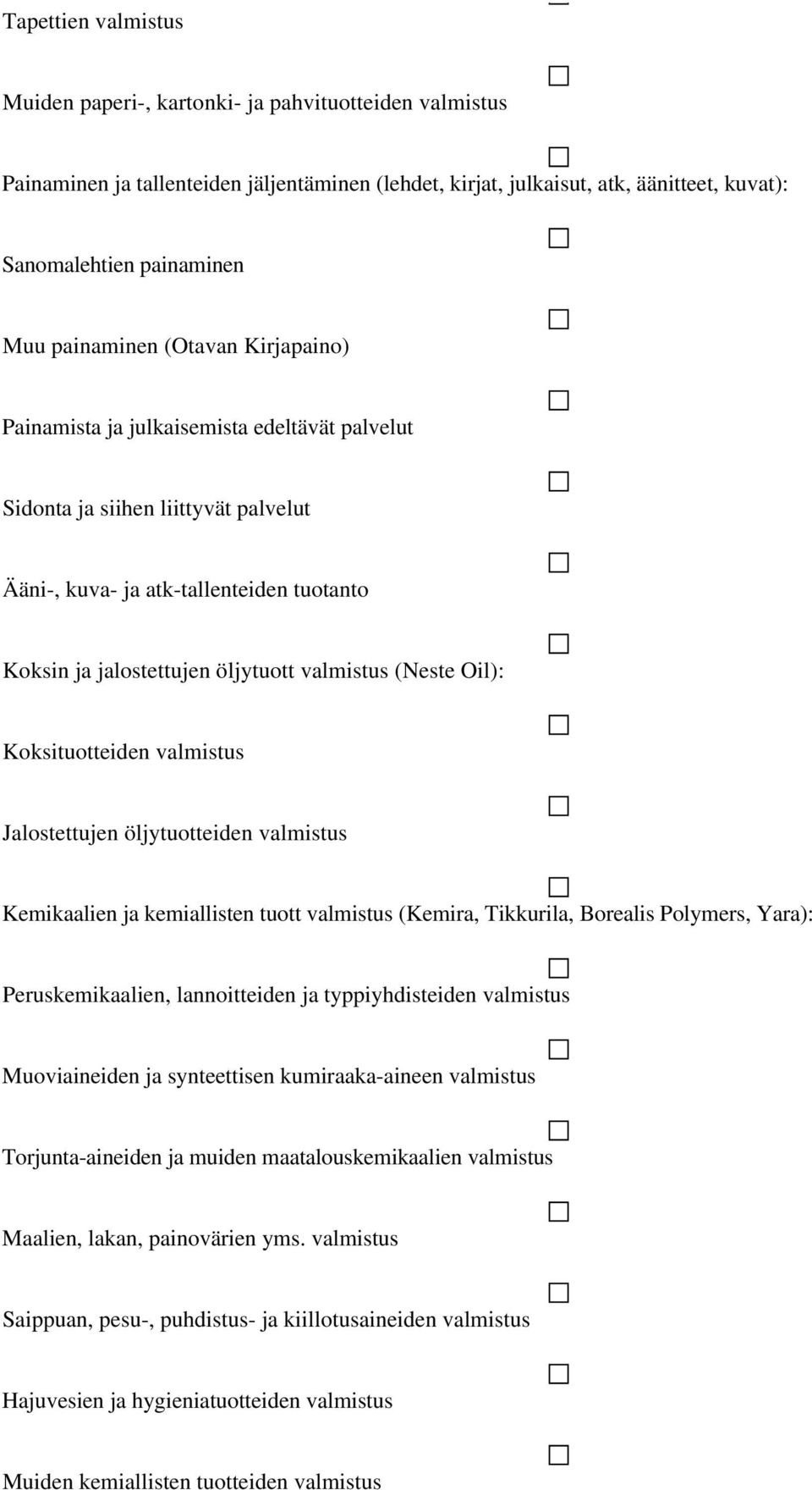 valmistus (Neste Oil): Koksituotteiden valmistus Jalostettujen öljytuotteiden valmistus Kemikaalien ja kemiallisten tuott valmistus (Kemira, Tikkurila, Borealis Polymers, Yara): Peruskemikaalien,