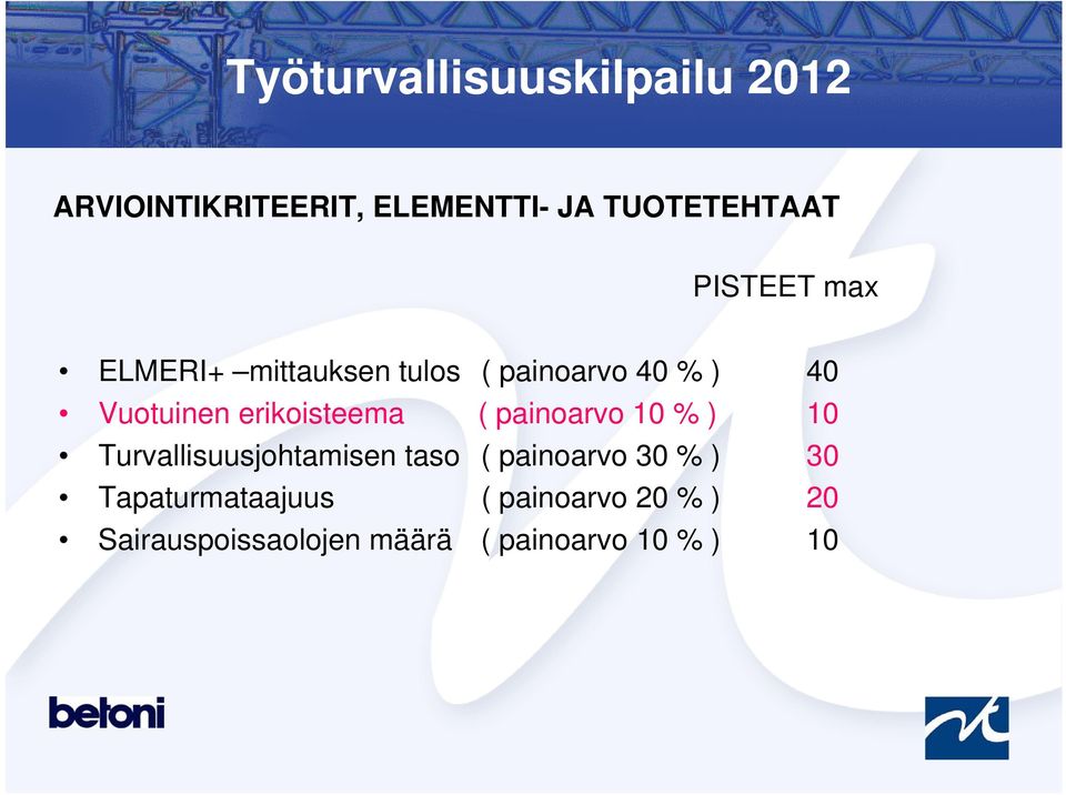 painoarvo 10 % ) 10 Turvallisuusjohtamisen taso ( painoarvo 30 % ) 30