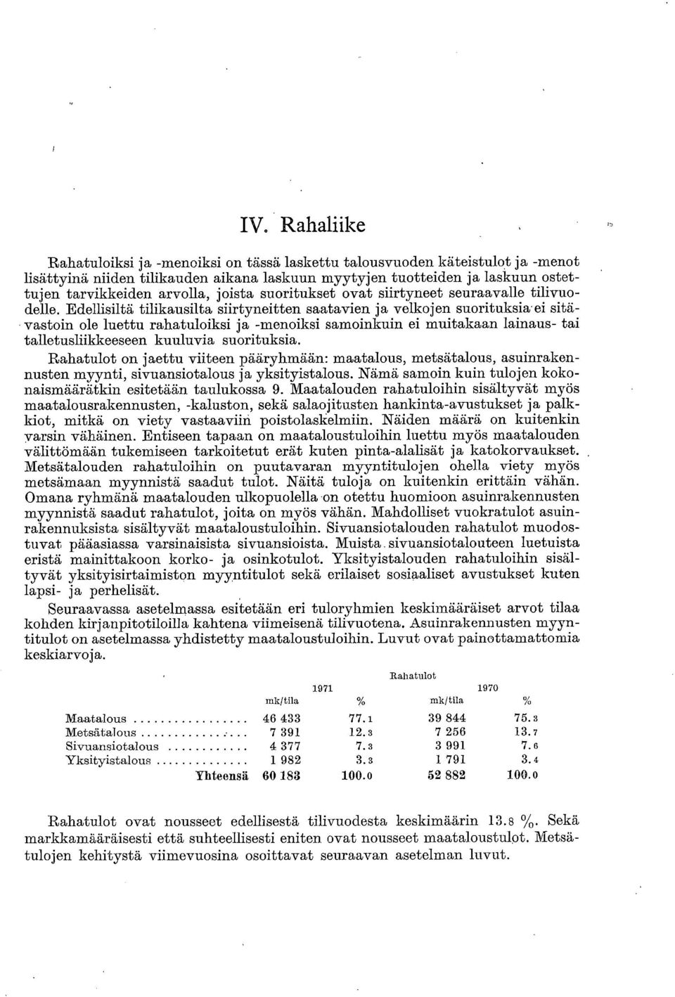 Edellisiltä tilikausilta siirtyneitten saatavien ja velkojen suorituksia ei sitävastoin ole luettu rahatuloiksi ja -menoiksi samoinkuin ei muitakaan lainaus- tai talletusliikkeeseen kuuluvia