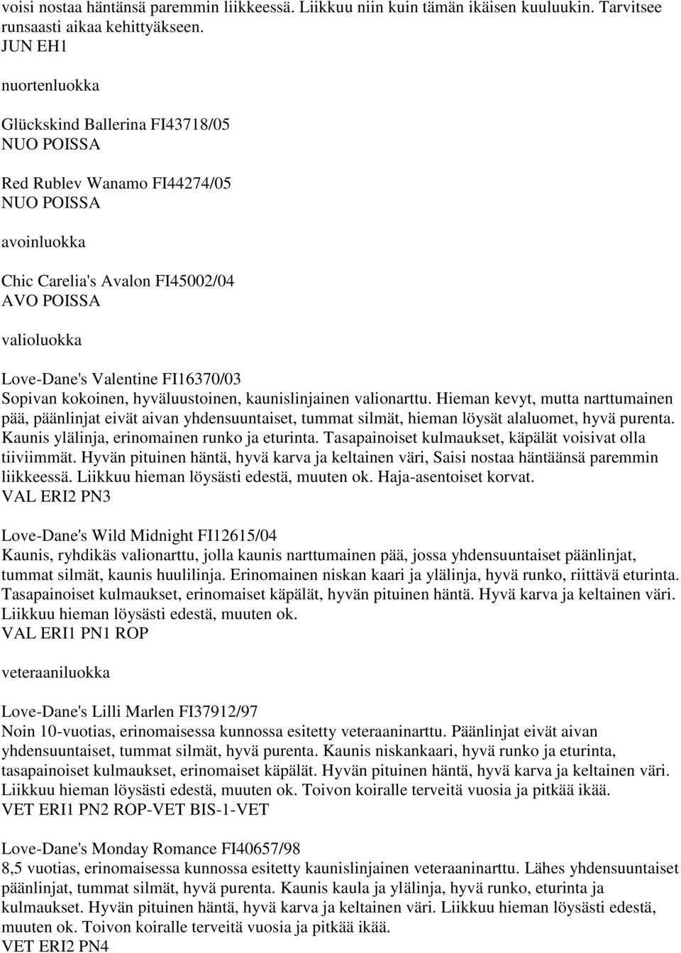 hyväluustoinen, kaunislinjainen valionarttu. Hieman kevyt, mutta narttumainen pää, päänlinjat eivät aivan yhdensuuntaiset, tummat silmät, hieman löysät alaluomet, hyvä purenta.