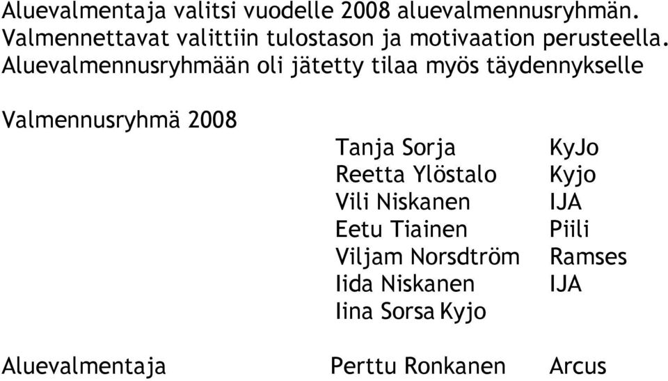 Aluevalmennusryhmään oli jätetty tilaa myös täydennykselle Valmennusryhmä 2008 Tanja Sorja