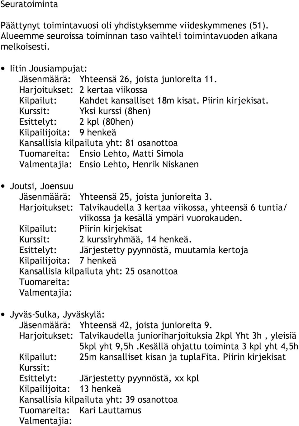 Kurssit: Yksi kurssi (8hen) Esittelyt: 2 kpl (80hen) Kilpailijoita: 9 henkeä Kansallisia kilpailuta yht: 81 osanottoa Ensio Lehto, Matti Simola Ensio Lehto, Henrik Niskanen Joutsi, Joensuu