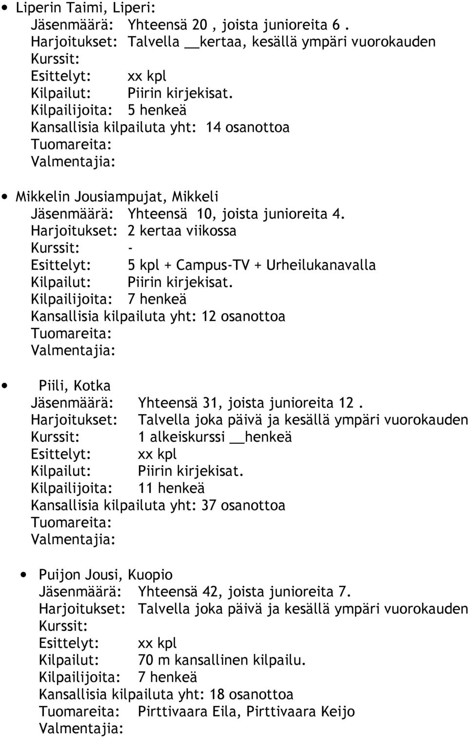 Harjoitukset: 2 kertaa viikossa Kurssit: - Esittelyt: 5 kpl + Campus-TV + Urheilukanavalla Kilpailut: Piirin kirjekisat.