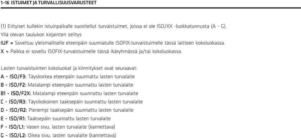 X = Paikka ei sovellu ISOFIX-turvaistuimelle tässä ikäryhmässä ja/tai kokoluokassa.