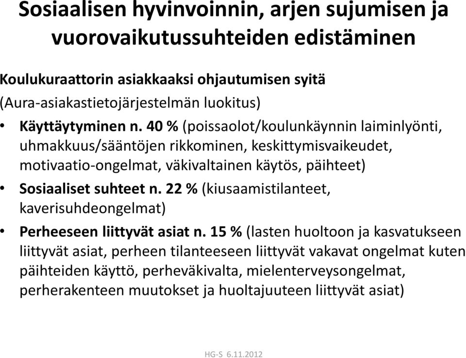 40 % (poissaolot/koulunkäynnin laiminlyönti, uhmakkuus/sääntöjen rikkominen, keskittymisvaikeudet, motivaatio-ongelmat, väkivaltainen käytös, päihteet) Sosiaaliset