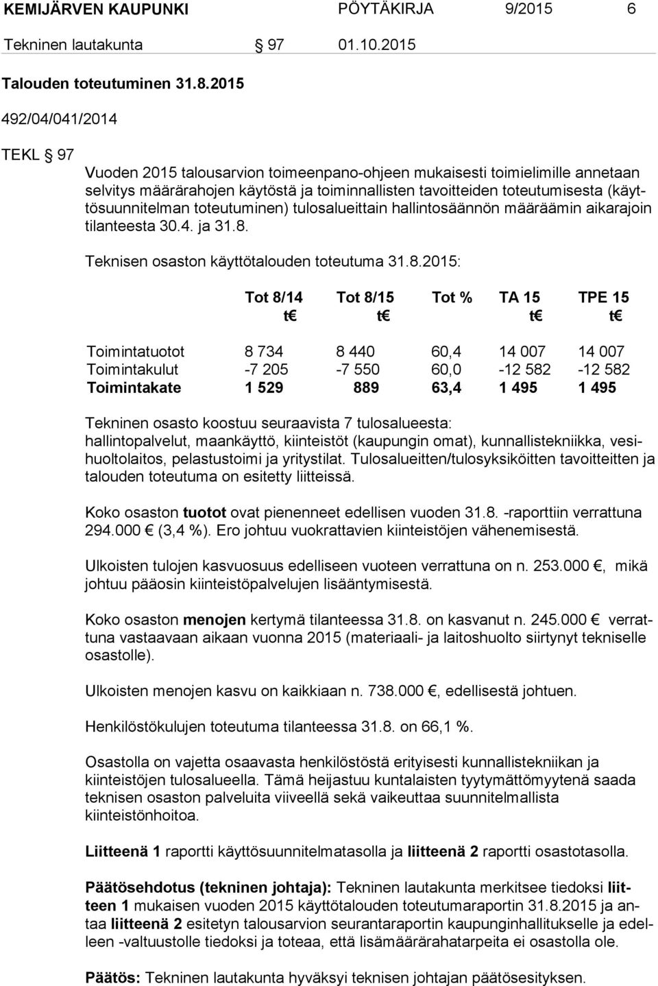 ni tel man toteutuminen) tulosalueittain hallintosäännön määräämin aikarajoin ti lan tees ta 30.4. ja 31.8.