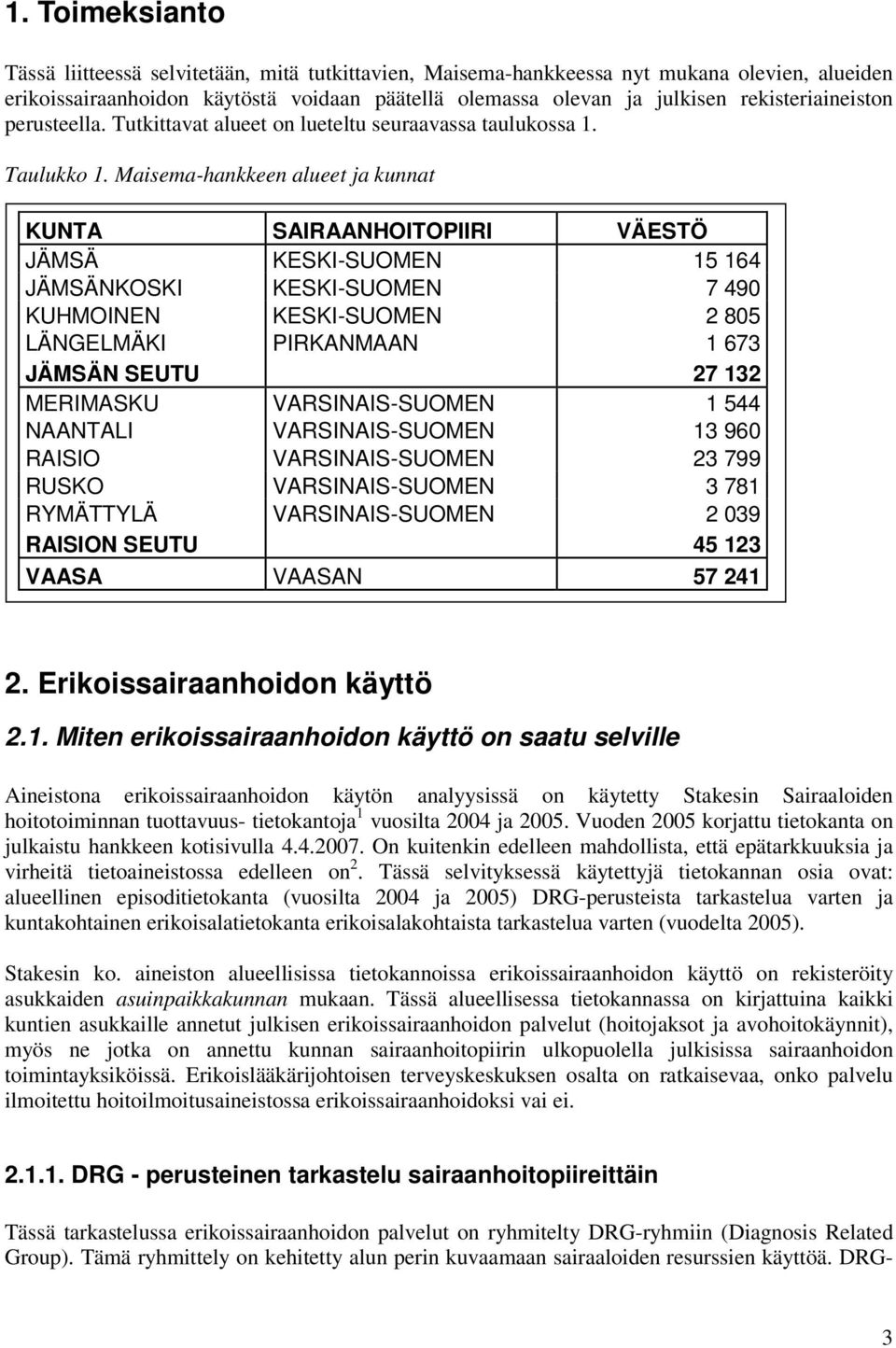 Maisema-hankkeen alueet ja kunnat KUNTA SAIRAANHOITOPIIRI VÄESTÖ JÄMSÄ KESKI-SUOMEN 15 164 JÄMSÄNKOSKI KESKI-SUOMEN 7 490 KUHMOINEN KESKI-SUOMEN 2 805 LÄNGELMÄKI PIRKANMAAN 1 673 JÄMSÄN SEUTU 27 132