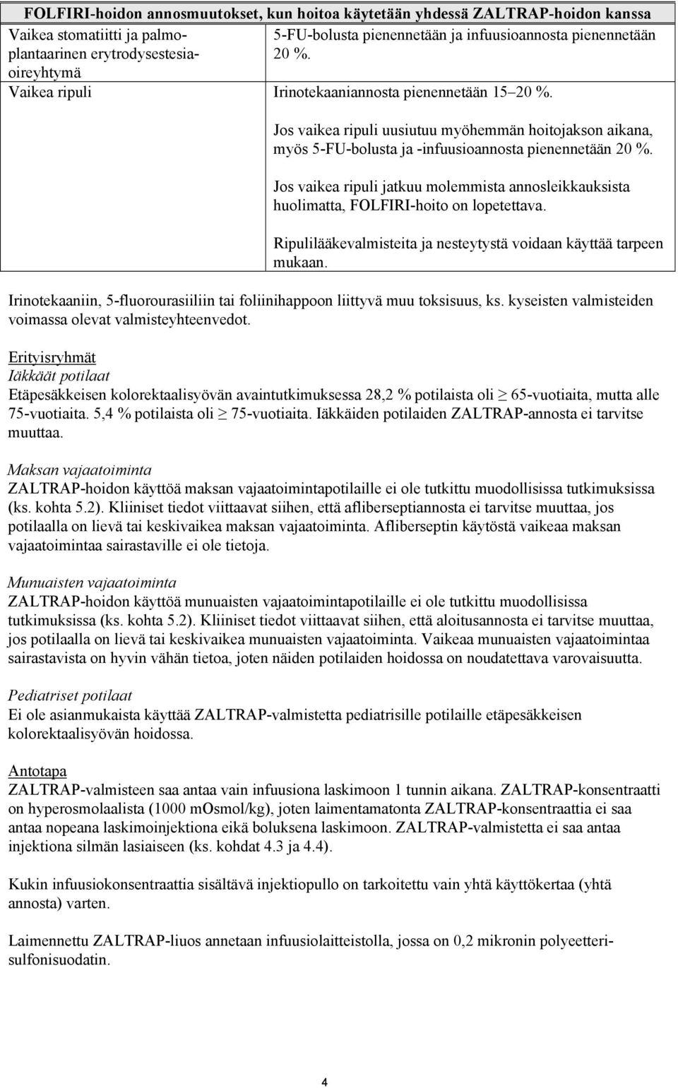 Jos vaikea ripuli uusiutuu myöhemmän hoitojakson aikana, myös 5-FU-bolusta ja -infuusioannosta pienennetään 20 %.