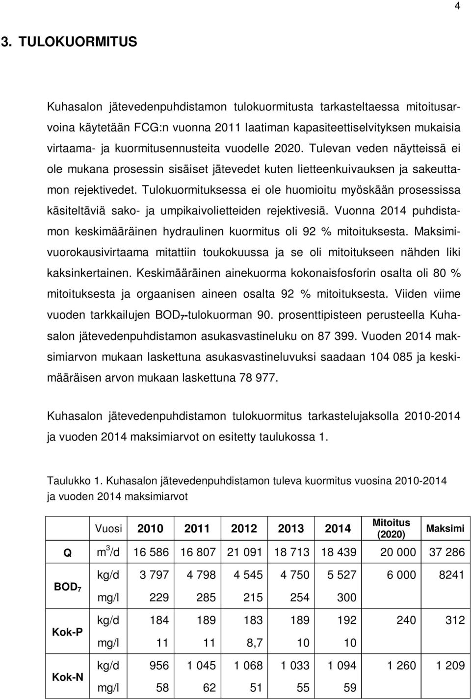 Tulokuormituksessa ei ole huomioitu myöskään prosessissa käsiteltäviä sako- ja umpikaivolietteiden rejektivesiä. Vuonna 2014 puhdistamon keskimääräinen hydraulinen kuormitus oli 92 % mitoituksesta.