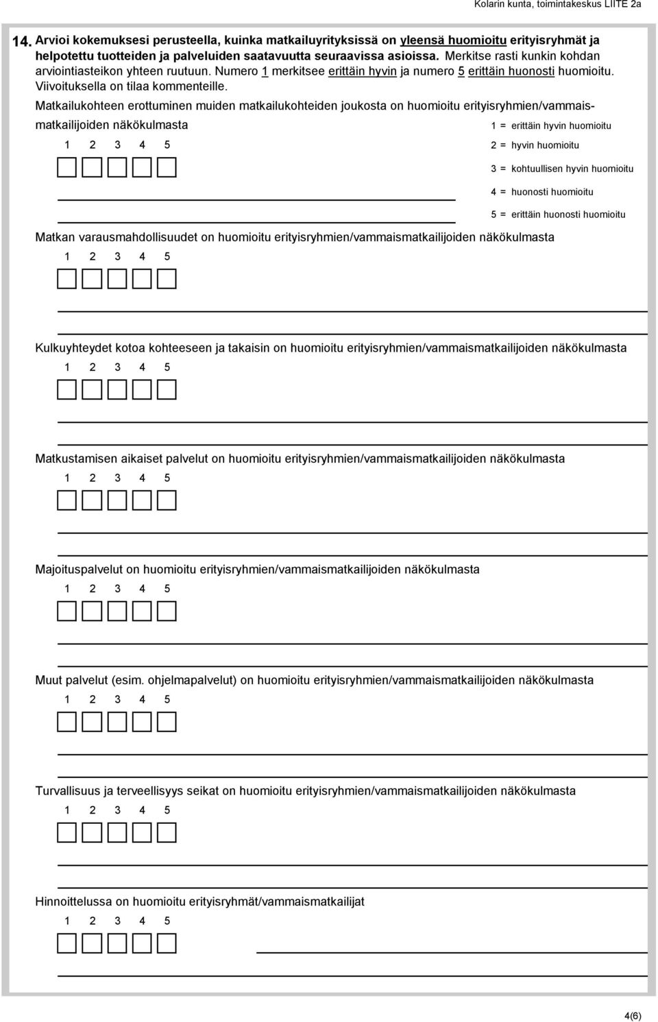 Matkailukohteen erottuminen muiden matkailukohteiden joukosta on huomioitu erityisryhmien/vammaismatkailijoiden näkökulmasta 1 = erittäin hyvin huomioitu 2 = hyvin huomioitu 3 = kohtuullisen hyvin