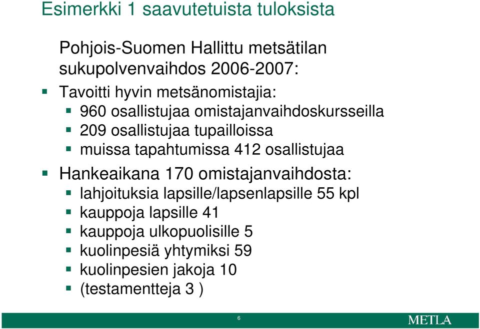 tapahtumissa 412 osallistujaa Hankeaikana 170 omistajanvaihdosta: lahjoituksia lapsille/lapsenlapsille 55 kpl