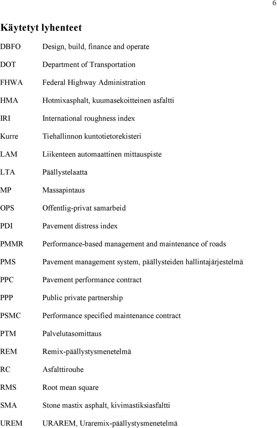 Offentlig-privat samarbeid Pavement distress index Performance-based management and maintenance of roads Pavement management system, päällysteiden hallintajärjestelmä Pavement performance contract