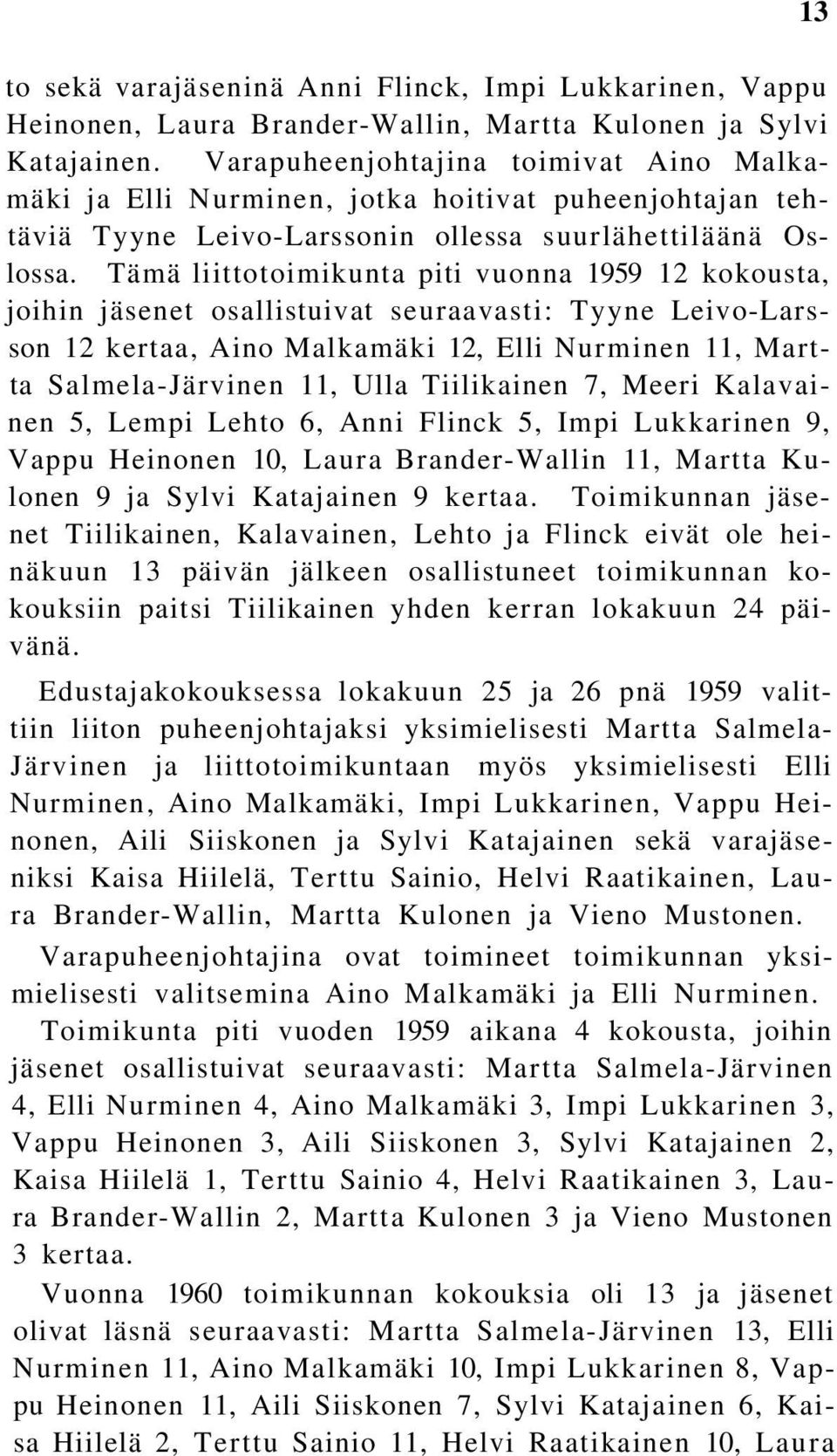 Tämä liittotoimikunta piti vuonna 1959 12 kokousta, joihin jäsenet osallistuivat seuraavasti: Tyyne Leivo-Larsson 12 kertaa, Aino Malkamäki 12, Elli Nurminen 11, Martta Salmela-Järvinen 11, Ulla