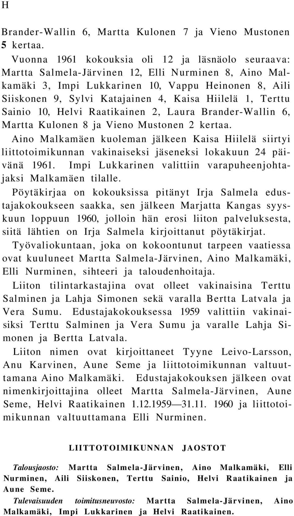 Hiilelä 1, Terttu Sainio 10, Helvi Raatikainen 2, Laura Brander-Wallin 6, Martta Kulonen 8 ja Vieno Mustonen 2 kertaa.