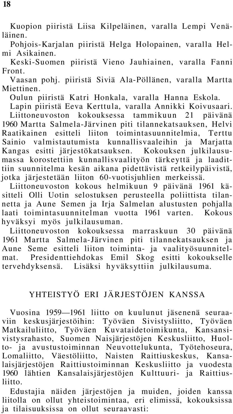Liittoneuvoston kokouksessa tammikuun 21 päivänä 1960 Martta Salmela-Järvinen piti tilannekatsauksen, Helvi Raatikainen esitteli liiton toimintasuunnitelmia, Terttu Sainio valmistautumista