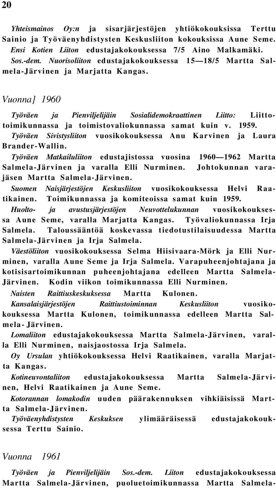 Vuonna] 1960 Työväen ja Pienviljelijäin Sosialidemokraattinen Liitto: Liittotoimikunnassa ja toimistovaliokunnassa samat kuin v. 1959.
