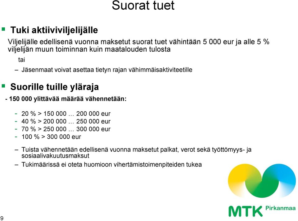 vähennetään: - 20 % > 150 000 200 000 eur - 40 % > 200 000 250 000 eur - 70 % > 250 000 300 000 eur - 100 % > 300 000 eur Suorat tuet Tuista