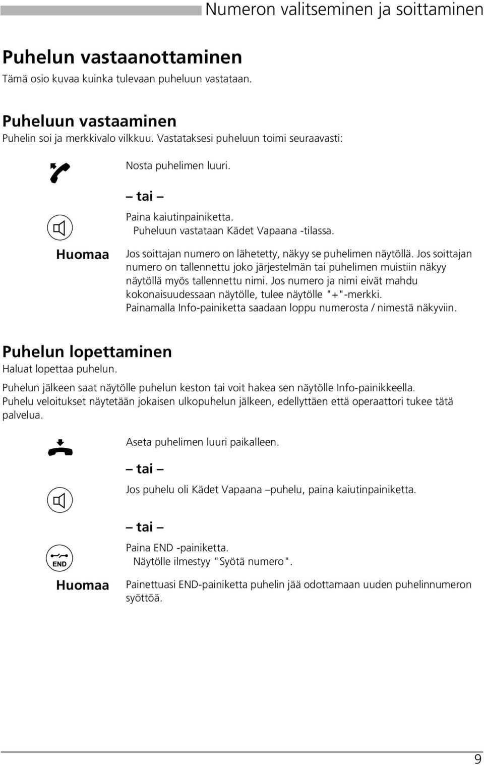 Puheluun vastataan Kädet Vapaana -tilassa. Jos soittajan numero on lähetetty, näkyy se puhelimen näytöllä.