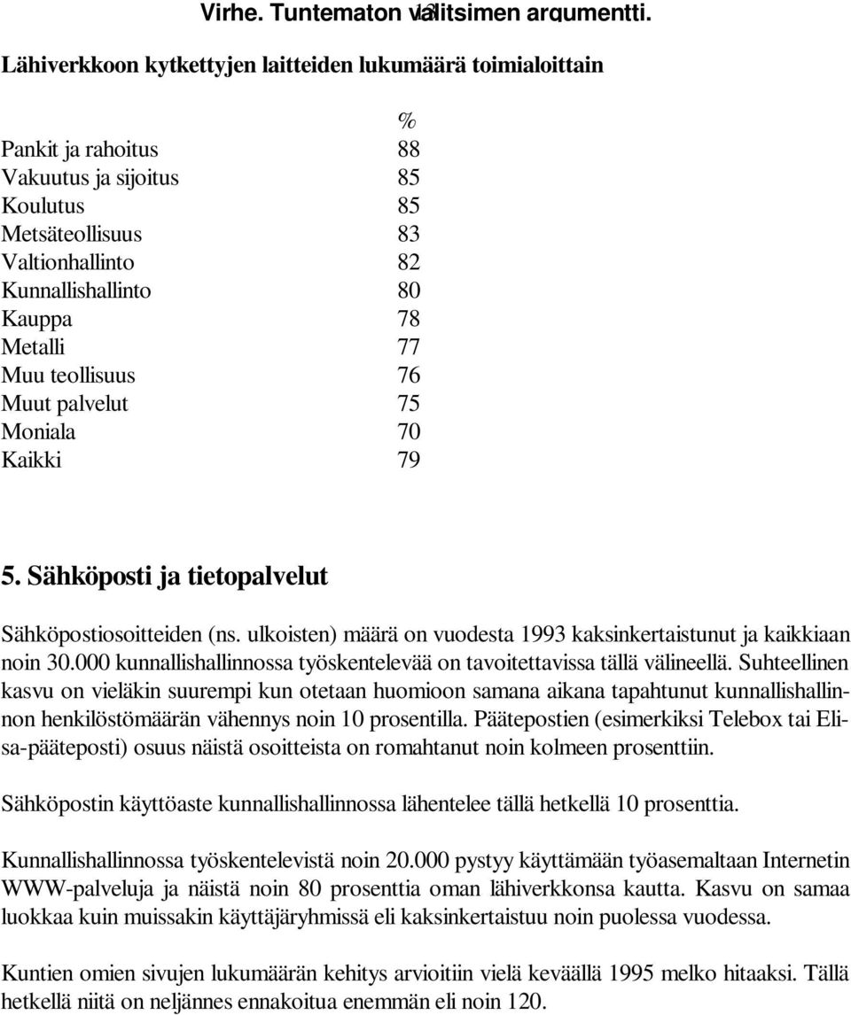 Muu teollisuus 76 Muut palvelut 75 Moniala 7 Kaikki 79 5. Sähköposti ja tietopalvelut Sähköpostiosoitteiden (ns. ulkoisten) määrä on vuodesta 1993 kaksinkertaistunut ja kaikkiaan noin 3.