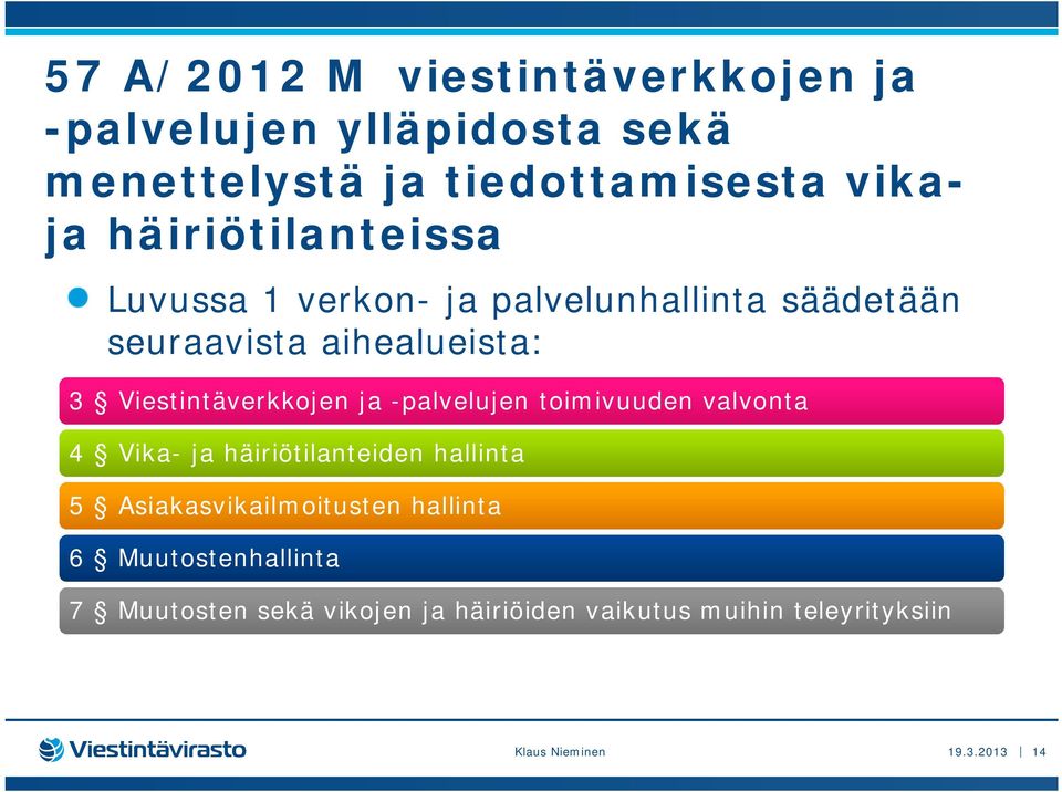 Viestintäverkkojen ja -palvelujen toimivuuden valvonta 4 Vika- ja häiriötilanteiden hallinta 5