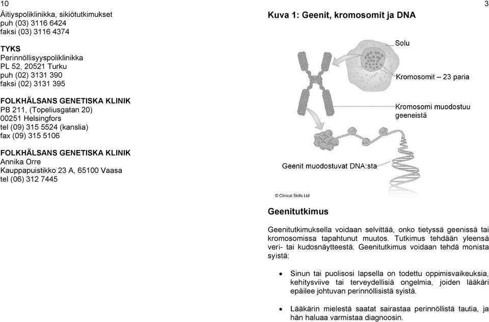 kromosomit ja DNA 3 Geenitutkimus Geenitutkimuksella voidaan selvittää, onko tietyssä geenissä tai kromosomissa tapahtunut muutos. Tutkimus tehdään yleensä veri- tai kudosnäytteestä.