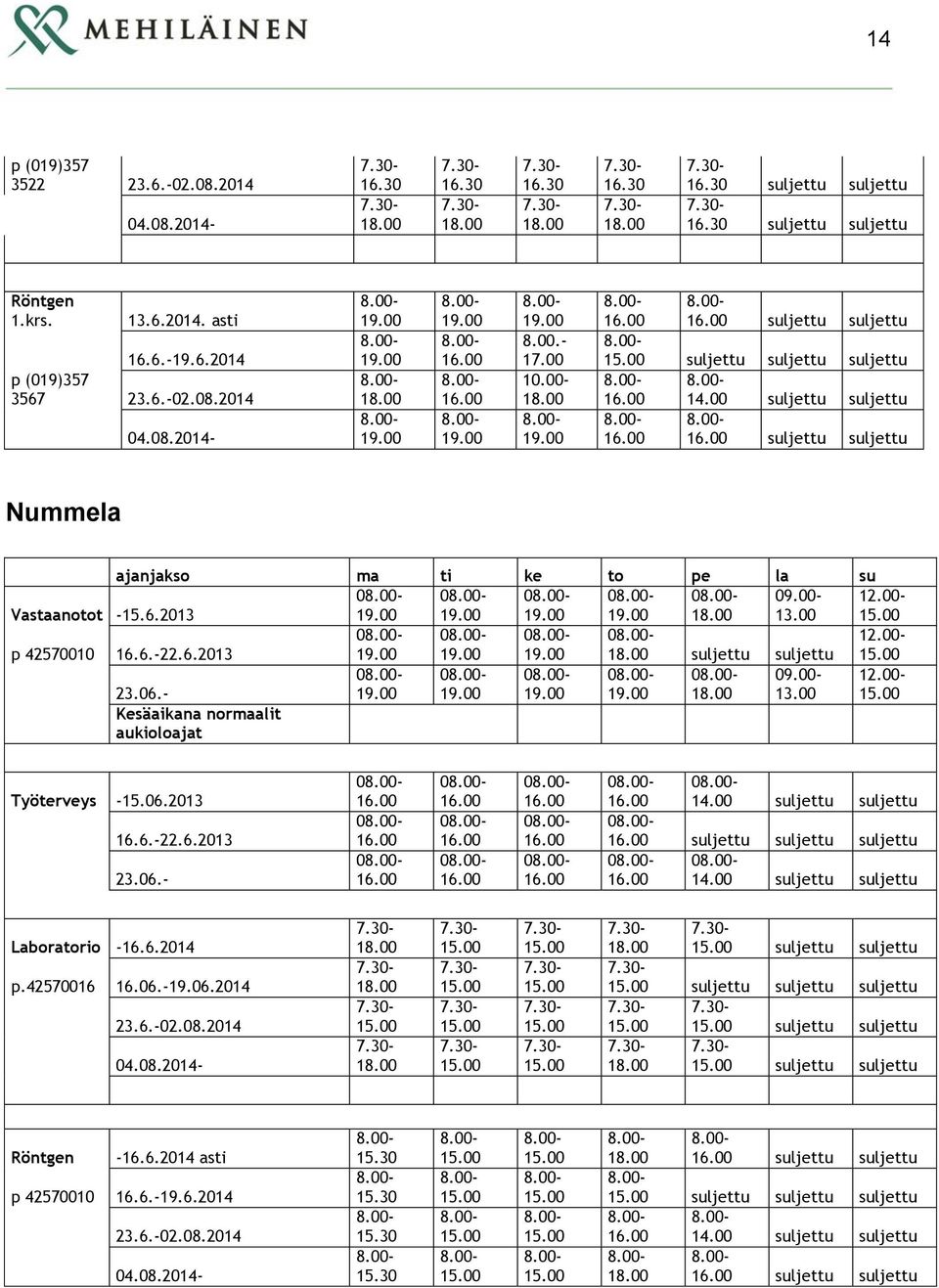 00 12.00 p 42570010 16.6.22.6.2013 12.00 Kesäaikana normaalit akioloajat Työterveys 15.06.2013 16.6.22.6.2013 14.00 14.