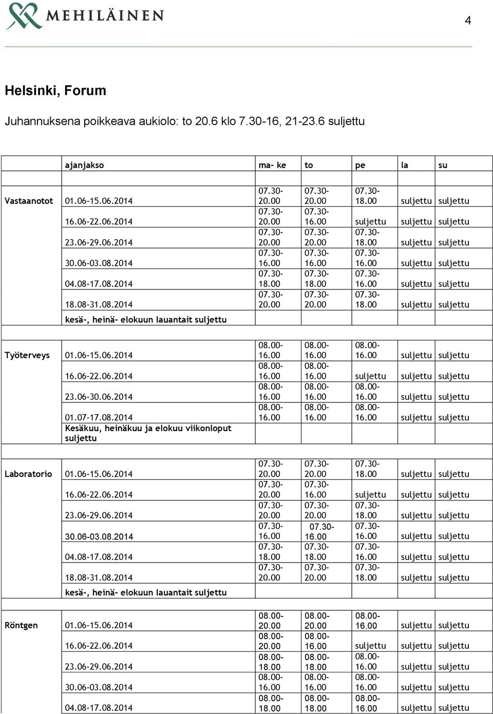 0717.08.2014 Kesäk, heinäk ja elok viikonlopt Laboratorio 01.06 16.06 23.0629.06.2014 30.0603.08.2014 04.0817.08.2014 18.