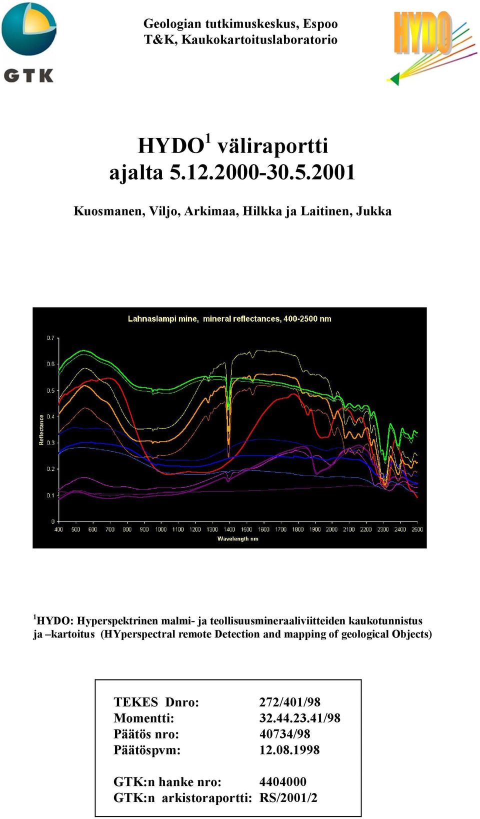 2001 Kuosmanen, Viljo, Arkimaa, Hilkka ja Laitinen, Jukka 1 HYDO: Hyperspektrinen malmi- ja