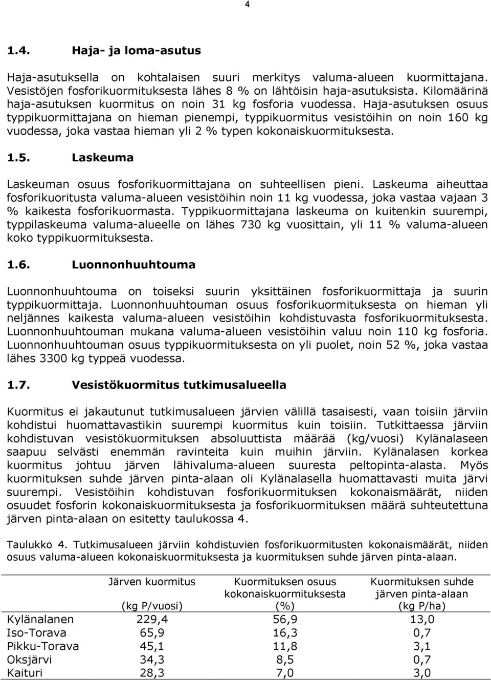 Haja-asutuksen osuus typpikuormittajana on hieman pienempi, typpikuormitus vesistöihin on noin 160 kg vuodessa, joka vastaa hieman yli 2 % typen kokonaiskuormituksesta. 1.5.