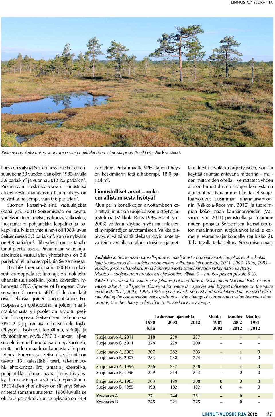 Pirkanmaan keskimääräisessä linnustossa alueellisesti uhanalaisten lajien tiheys on selvästi alhaisempi, vain 0,6 paria/km 2. Suomen kansainvälisistä vastuulajeista (Rassi ym.