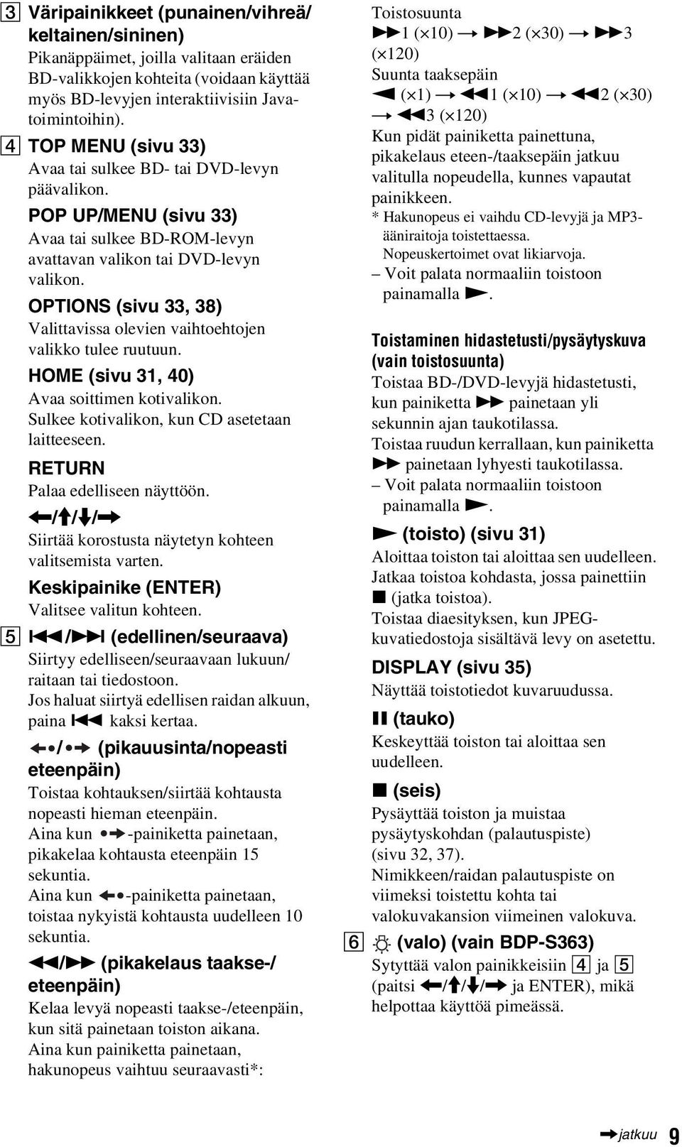OPTIONS (sivu 33, 38) Valittavissa olevien vaihtoehtojen valikko tulee ruutuun. HOME (sivu 31, 40) Avaa soittimen kotivalikon. Sulkee kotivalikon, kun CD asetetaan laitteeseen.