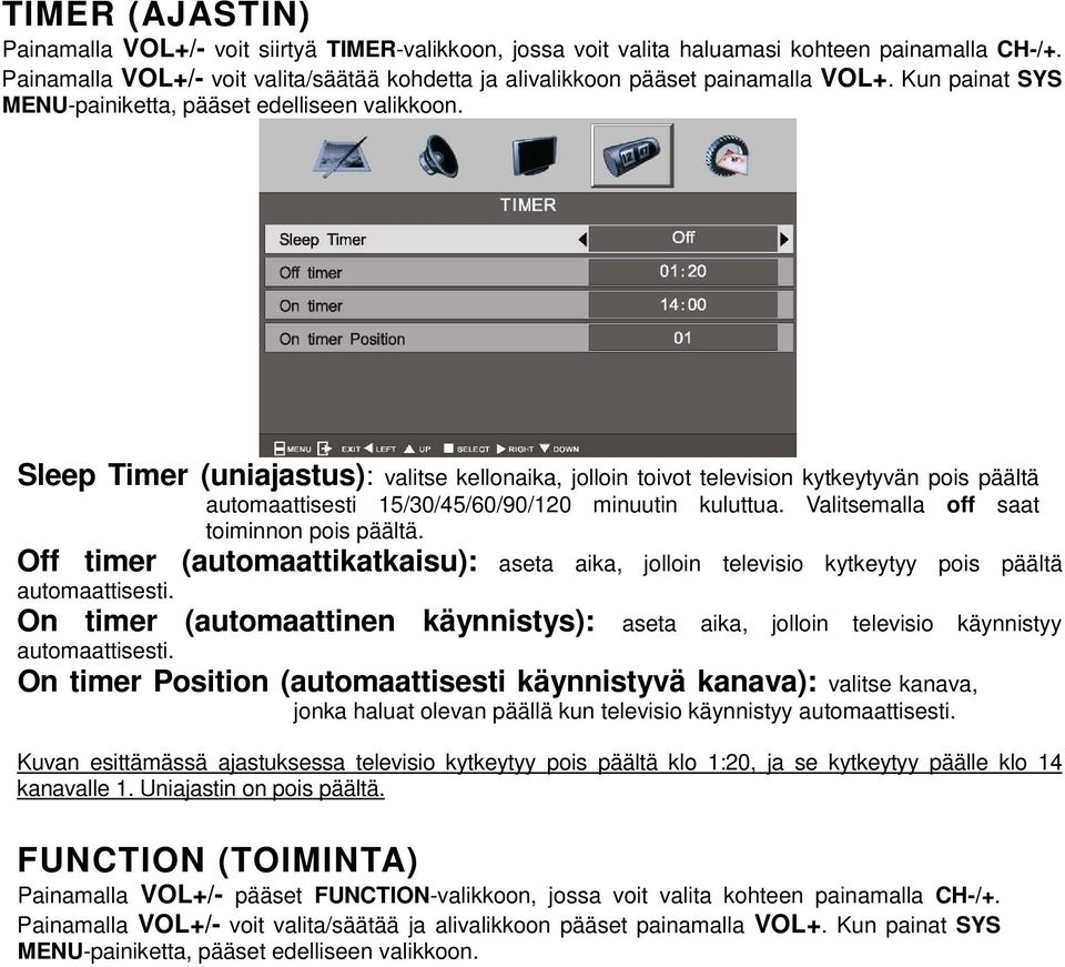 Sleep Timer (uniajastus): valitse kellonaika, jolloin toivot television kytkeytyvän pois päältä automaattisesti 15/30/45/60/90/120 minuutin kuluttua. Valitsemalla off saat toiminnon pois päältä.