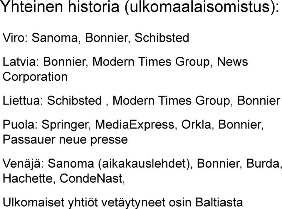 Puola: Springer, MediaExpress, Orkla, Bonnier, Passauer neue presse Venäjä: Sanoma