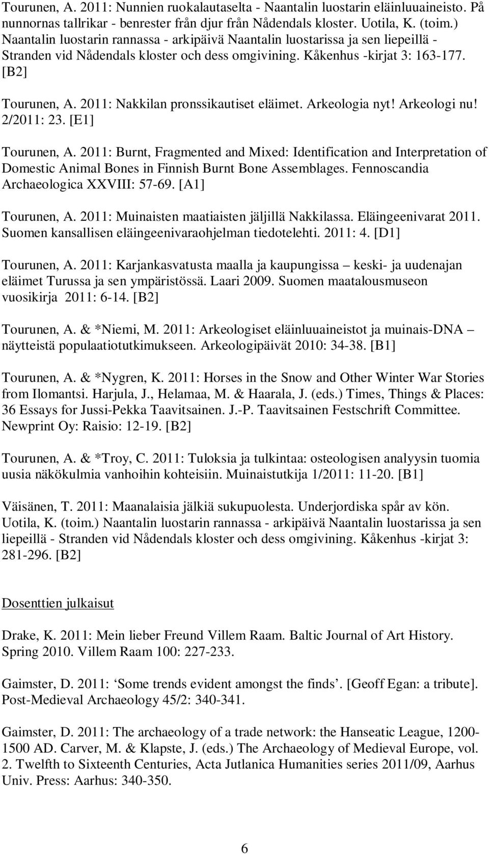 2011: Nakkilan pronssikautiset eläimet. Arkeologia nyt! Arkeologi nu! 2/2011: 23. [E1] Tourunen, A.