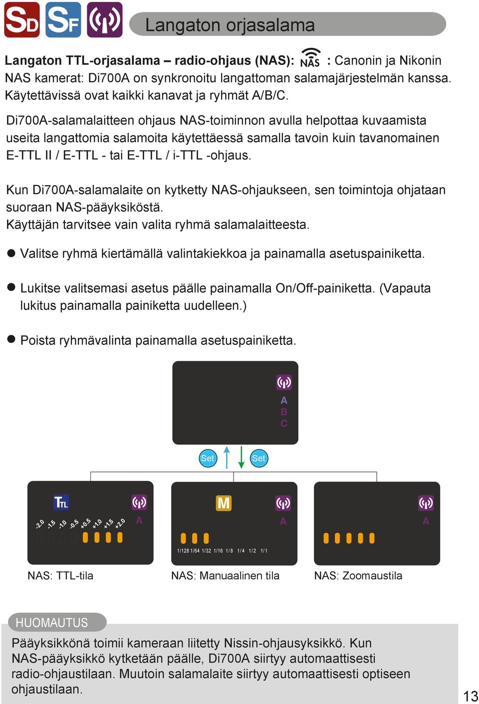 Di700A-salamalaitteen ohjaus NAS-toiminnon avulla helpottaa kuvaamista useita langattomia salamoita käytettäessä samalla tavoin kuin tavanomainen E-TTL II / E-TTL - tai E-TTL / i-ttl -ohjaus.