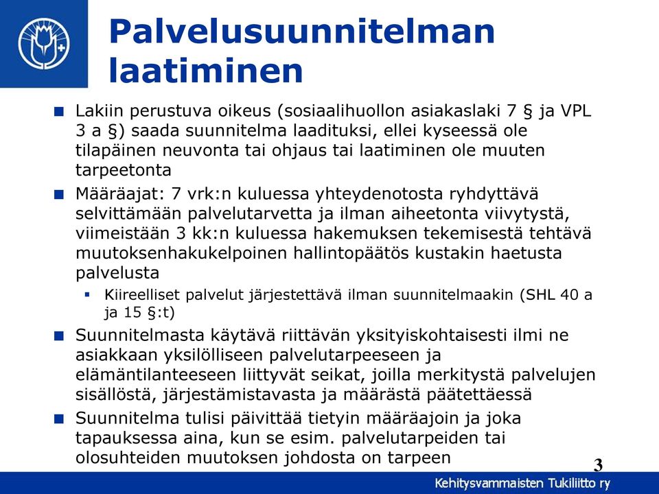 muutoksenhakukelpoinen hallintopäätös kustakin haetusta palvelusta Kiireelliset palvelut järjestettävä ilman suunnitelmaakin (SHL 40 a ja 15 :t) Suunnitelmasta käytävä riittävän yksityiskohtaisesti